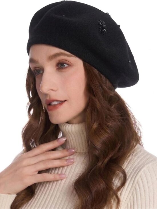 Women\'s French Beret Hat Reversible Knitted Thickened Warm Cap Plain Black main image 4